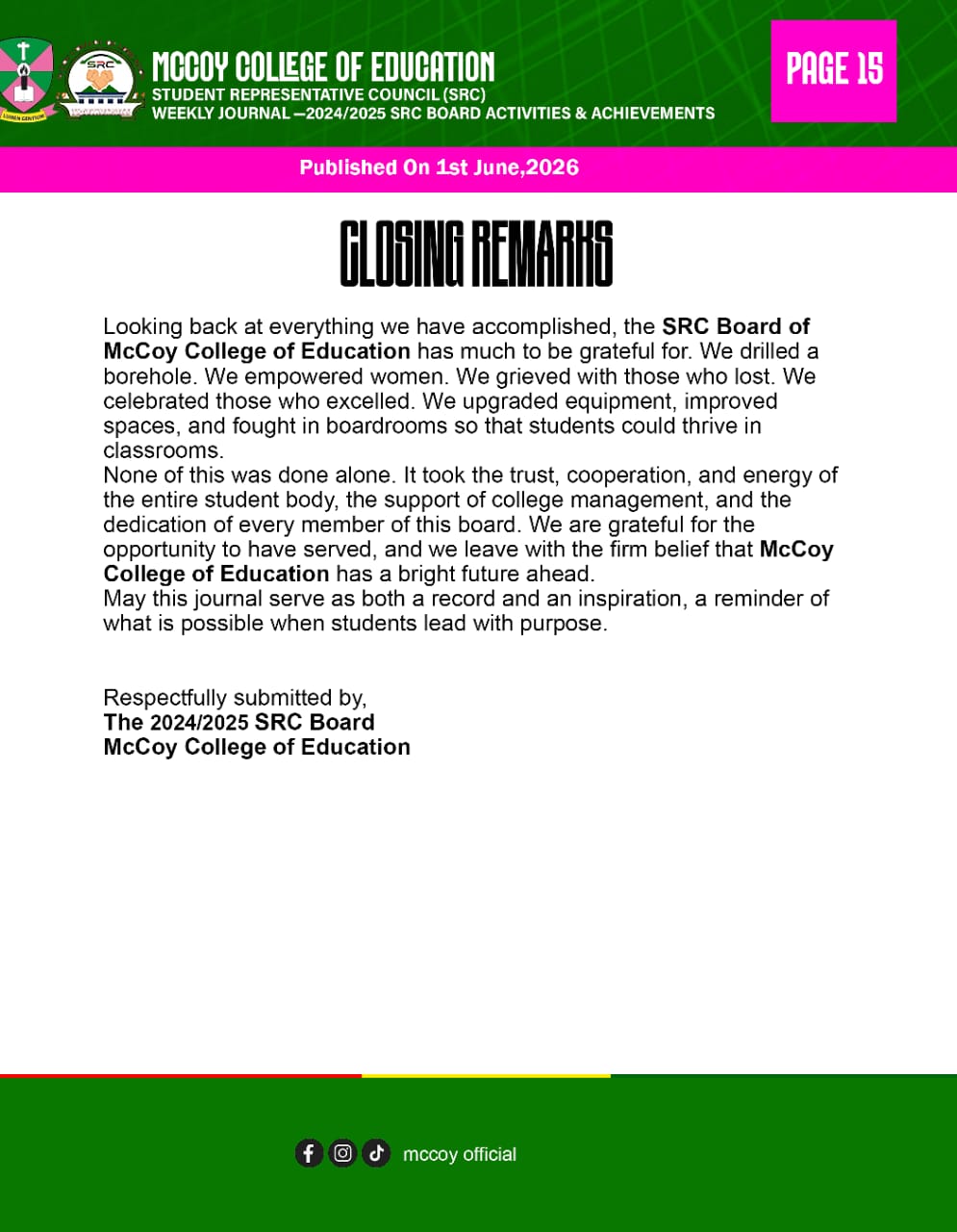 2024/2025 SRC Project- McCoy College of Education